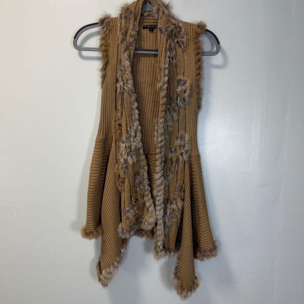 Alberto Makali New York Brown Ribbed Knit Rabbit Fur Trim Open Front Vest Small